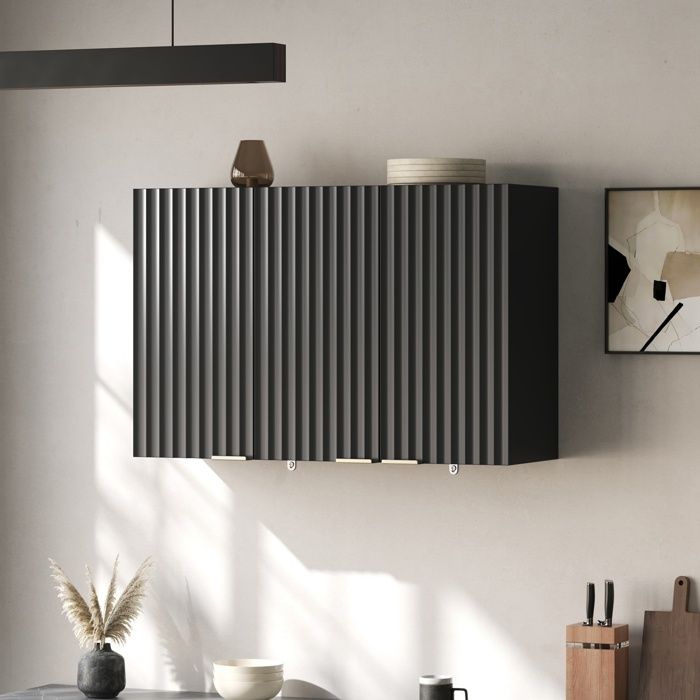 Meuble haut de cuisine noir 90 cm mural en MDF FSC 3 portes rainurées poignées dorées gain de place