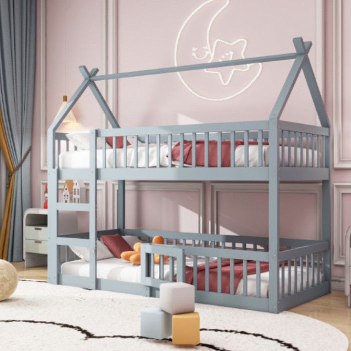 Piaenon - Lit mezzanine enfant 90x200 cm avec escalier porte barriere et espace jeu - Bois massif - Gris