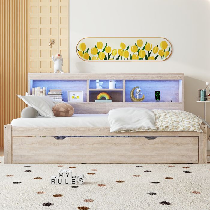 Lit banquette 90x200 avec lit gigogne éclairage LED et prise USB bois naturel sans matelas