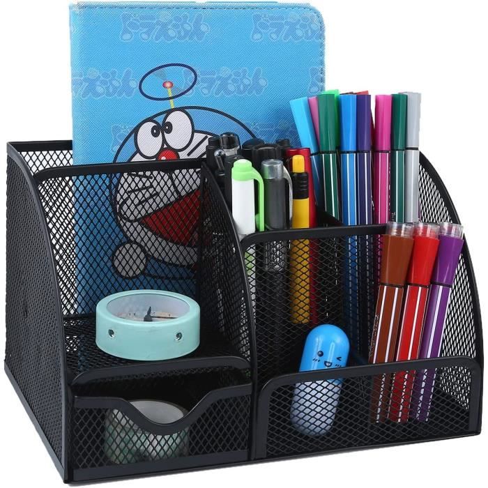 2 Organisateurs De Bureau Avec 5 Compartiments + Tiroir - Range Stylos, Papeterie - Rose & Bleu