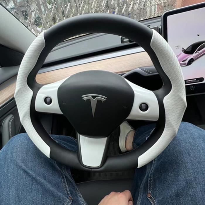 Blanc - Housse de volant de voiture Tesla modèle 3-Y, en fibre de