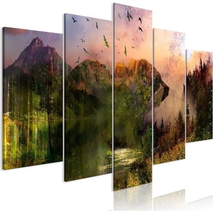 Moderne Impression sur Toile 160x50cm Image Tableau Decoration Murale Automne forêt montagne rivière Tableaux Decoratifs Muraux Chambre Panoramique Deco Cadre Décoration Salon Art Wall AB160x50-0504