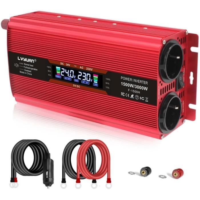 Convertisseur 24V 220V 4000W/8000W Pur Sinus - 2 Prises EU, USB, Télécommande - Pour Solaire, Voiture, Camping - 4