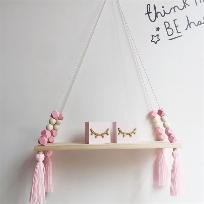 Bois Suspendus Etagere Murale Tassel Perles Decoration Stockage
