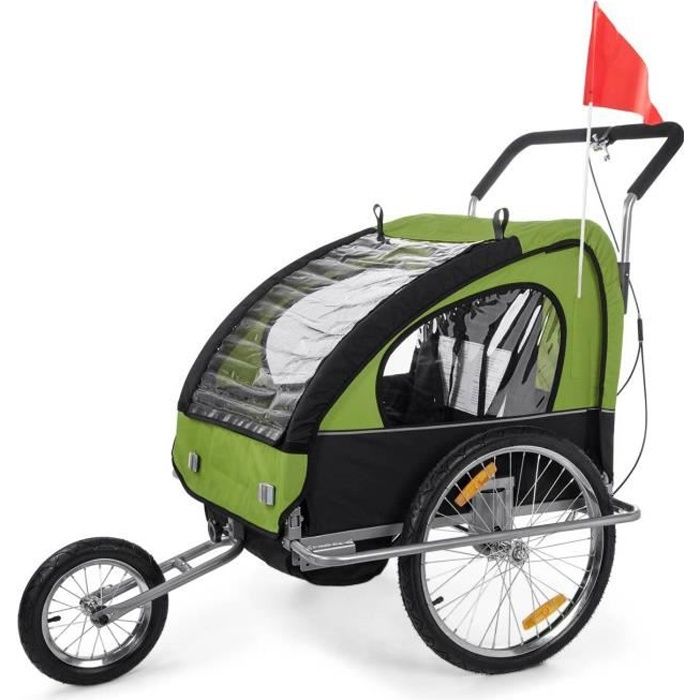 REMORQUE 2 ENFANTS 2EN1 POUR VELO ET JOGGER VERT/NOIR