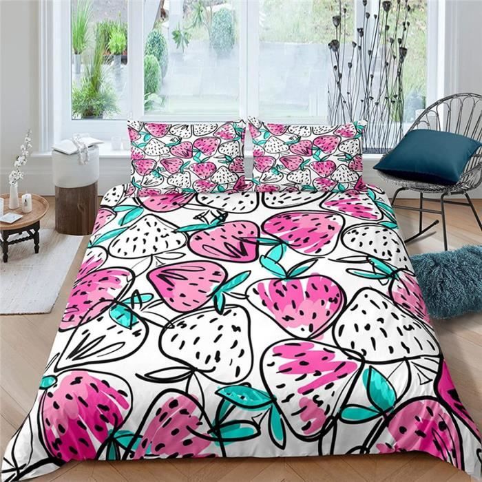 Housse de Couette 150x200 Fraise, 3D Imprimée Fraise Parure de Lit, 1 x