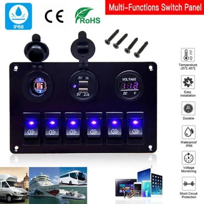 KAOLALI Panneau De Commutateur 8 Gangs 12V/24V Marine - Tableau Électrique Bateau Avec USB Voltmètre Prise Allume-Cigare IP65