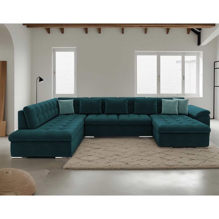 Canapé Panoramique Convertible 7 Places En U - Gris, Tissu Et Simili Cuir - Avec Coffre De Rangement XXL - 11