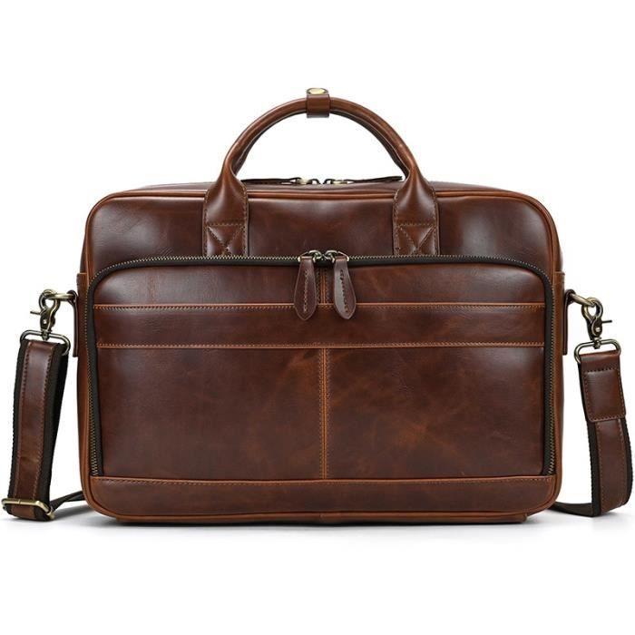 Porte-documents en cuir épais pour hommes, sacoche Vintage Design café