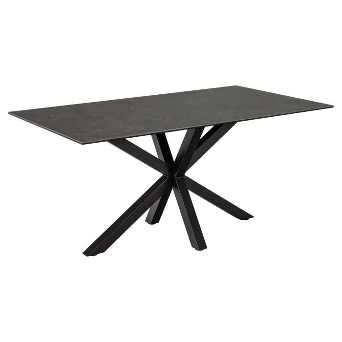 Table à manger Hennie, 160x90 cm, avec plateau noir en céramique et pieds croisés en métal noir mat.