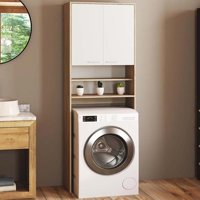 IDMARKET Meuble étagères de rangement dessus machine à laver et WC WALLIS blanc et hêtre
