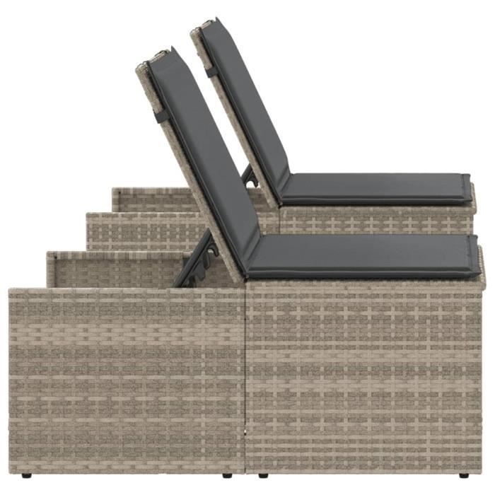 Chaise longue - MOTHINESSTO - Lot de 2 avec table - Résine tressée - Dossier réglable - Coussins épais