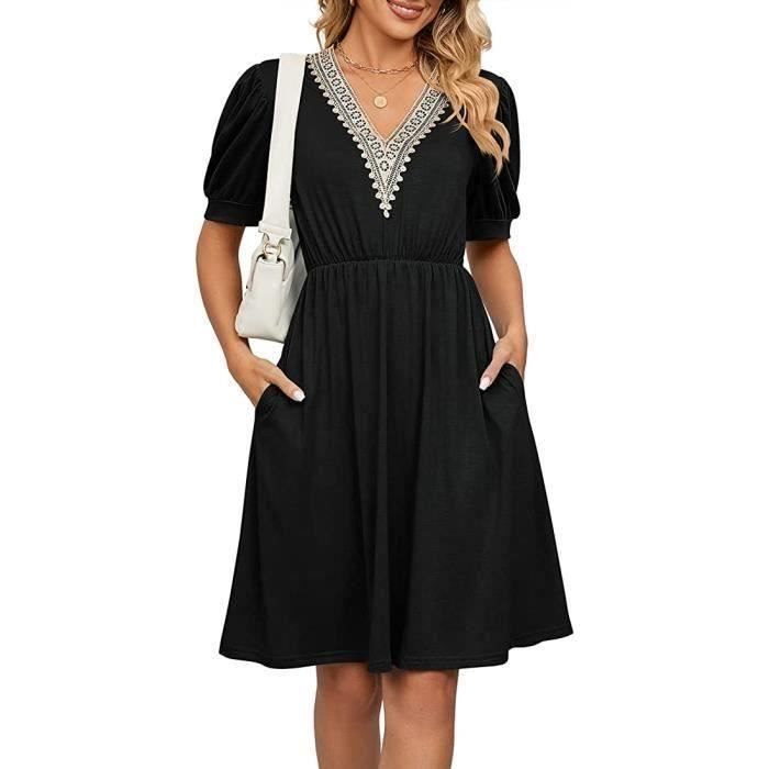 Robe D'été Femme En Coton - Longueur Genoux, Col V, Manches Courtes - Couleur Unie Avec Poches - Style Décontracté Et Confortable