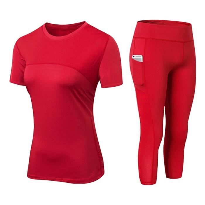 Ensemble de Sport Fitness T Shirt et Pantacourt Legging Femme Rouge Manches longues Sechage Rapide Rouge Cdiscount Sport