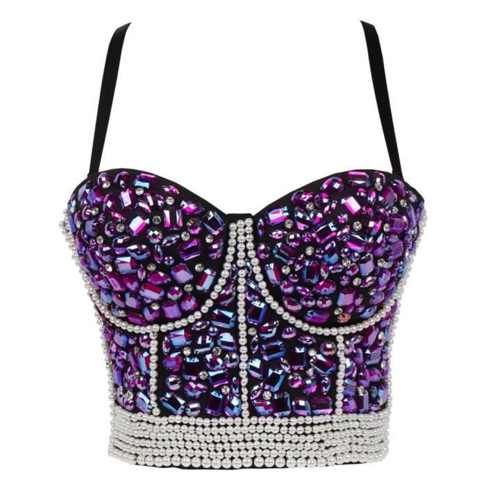 Femme Corset Strass Sparkle Bustier Luxueux Corse Soirée Club Bustier à Bretelle Slim Hauts