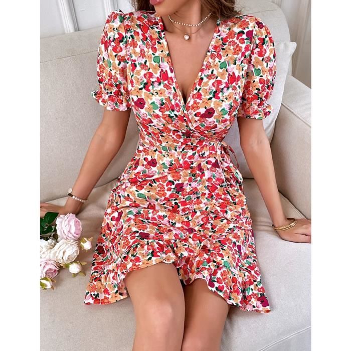 Femme Robe Imprimee Florale Col V Robe Manche Courte Volants Lacer Elegant Casual Rose Rose Cdiscount Pret a Porter
