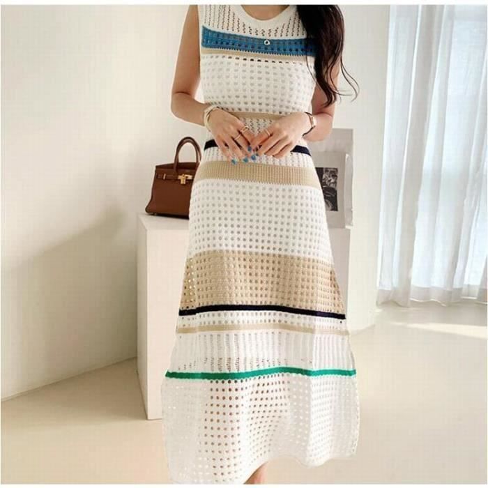 Robe d'?�t?� ?� bretelles tricot?�e sans manches ?� rayures creuses - Marque - Mod?�le - Blanc - Femme 