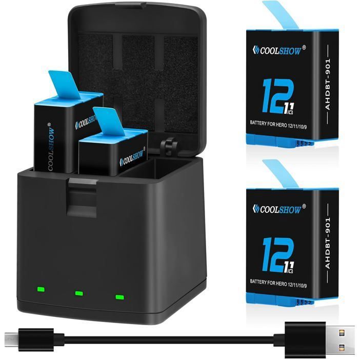 Batteria 1800 MAh E Caricabatterie Per GoPro Hero 9/10/11/12 – Ricarica 3 Batterie In 2-3 Ore Con LED E Protezioni