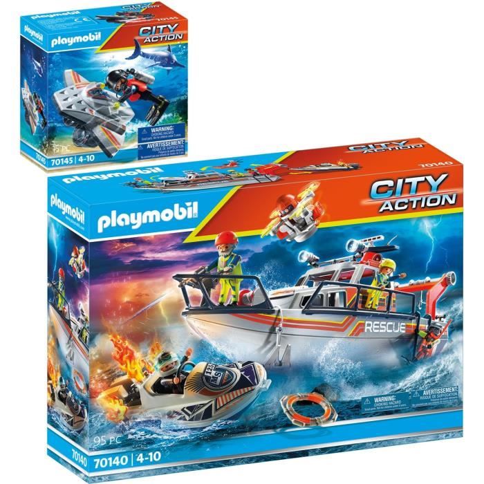 Playmobil - City Action - Bateau et Scooter de sauvetage en mer - Jouet miniature pour enfant de 4 ans et plus