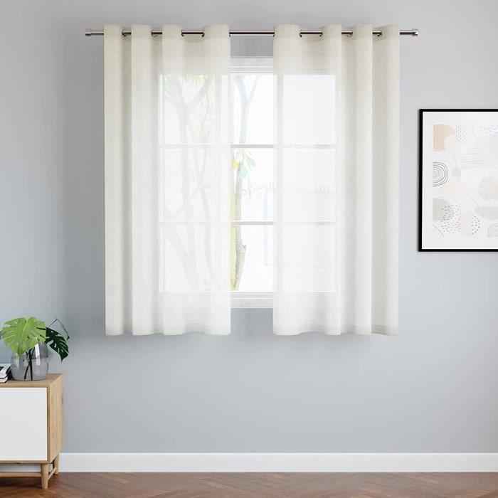 Rideaux Voilages En Coton Texture Lin - Lot De 2 Panneaux 142x137 Cm - Œillets Inclus - Pour Salon, Chambre