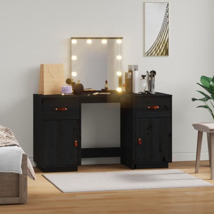 The Living Store Ensemble de coiffeuse avec LED Noir Bois d'ingénierie - Table De Maquillage - Coiffeuse Avec Miroir - Meuble De Salle De Bain - Éclairage Led - Rangements