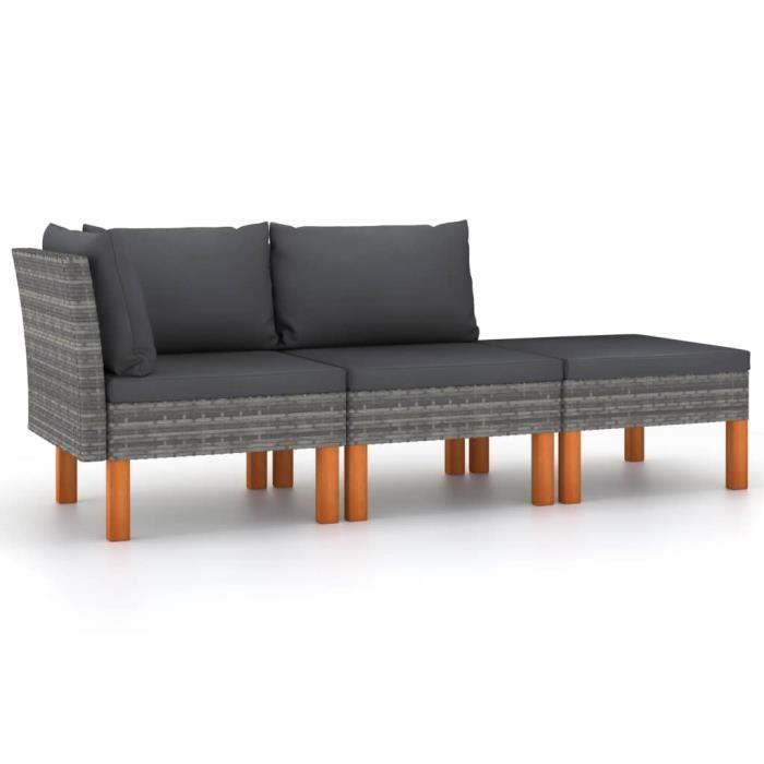 vidaXL Salon de jardin 3pcs Résine tressée et bois deucalyptus massif