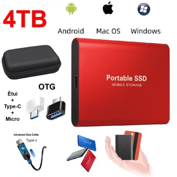 Disque Dur Externe Mini SSD Portable 4TB 4To Stockage Rouge avec OTG + Étui Housse Sac de Protection