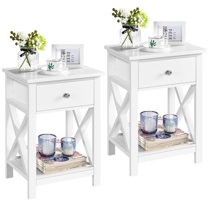 Yaheetech Lot de 2 Tables de Chevet Tables de Nuit 40 x 30 x 55 cm Tables dAppoint en Bois Vintage avec 1 Tiroir Blanc