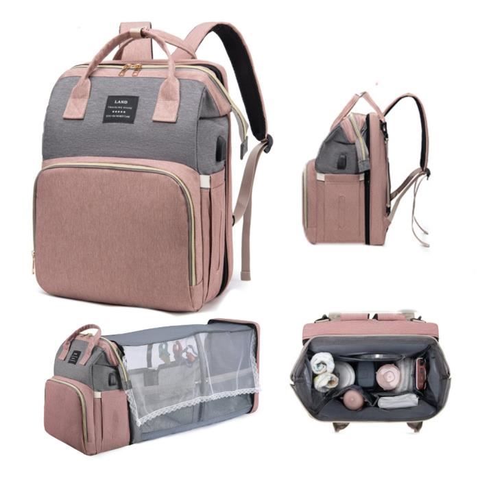 Sac à langer grande capacité pour bébé sac à dos, sac à langer de portable avec bébé lit pliable, (rose gris)