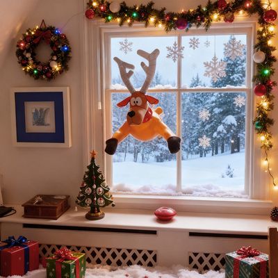 Décoration De Noël Animée - Père Noël Et Renne "cassant" La Vitre, Autocollant Effet Vitre Brisée
