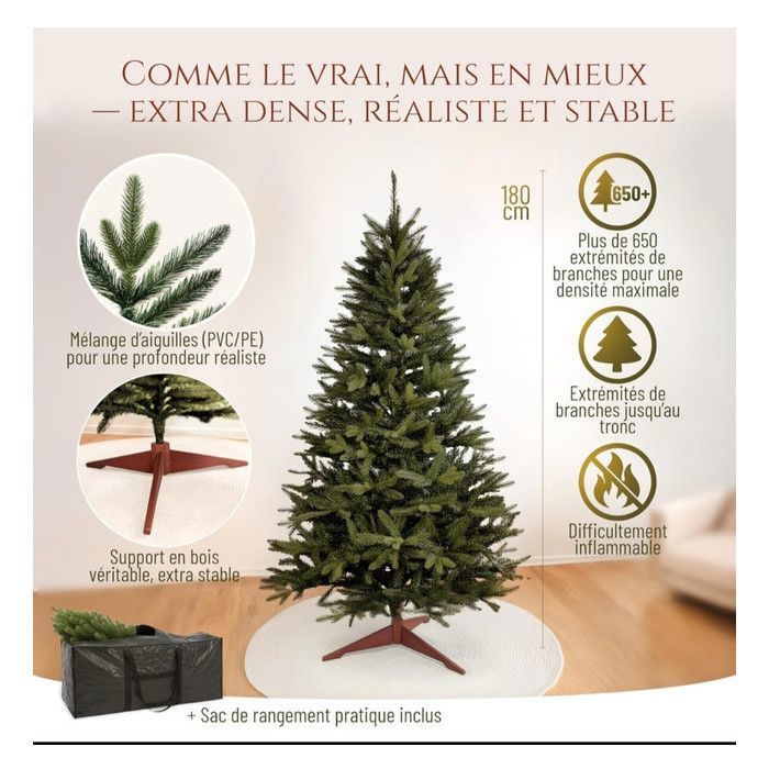 HOMCOM Sapin De Noël Artificiel De 180 Cm - Densité - Avec 4030 Pointes De Branches - Aspect Réaliste Pour Noël - Vert