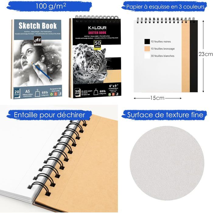 Kit De Dessin KALOUR 58 Pièces - Fournitures Croquis Avec Carnets Et Crayons Graphite
