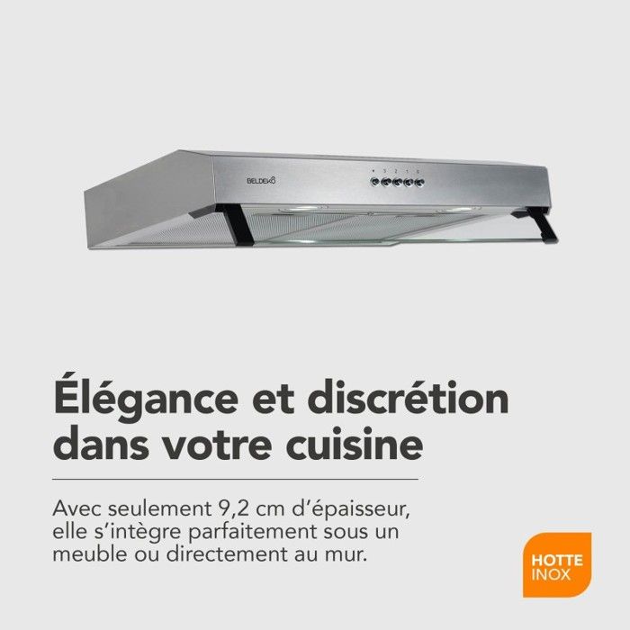 Hotte Casquette Beldeko Rivage 60cm Inox - 210 M³/h - 100W - Filtre Charbon Inclus