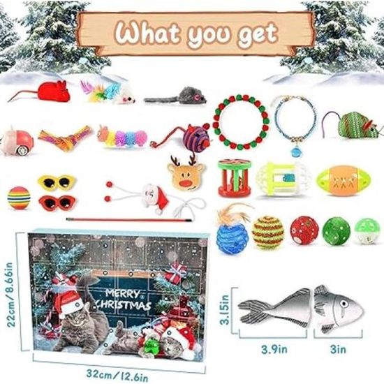 Calendrier De L'Avent Pour Chat 2024 - 24 Jouets (Balles, Bâtons, Peluches) Dans Une Boîte Décorative 33x23.5x7 Cm