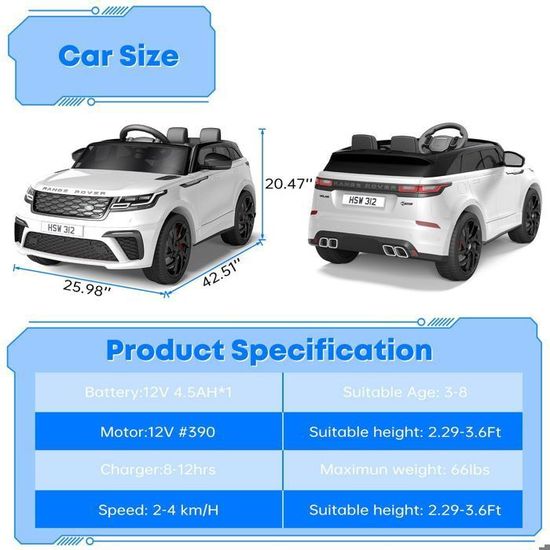 une voiture electrique pour enfant de marque range rover deux places cachetée dans l'emballage , de couleur blanche, double moteur 12v, batterie 12v, mode , port usb et carte mémoir intégré, cable