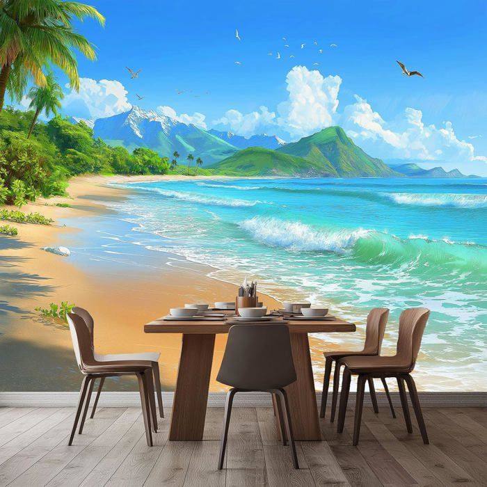 Papier Peint Panoramique Magnifique Vagues Montagnes Ciel 350x256cm ...