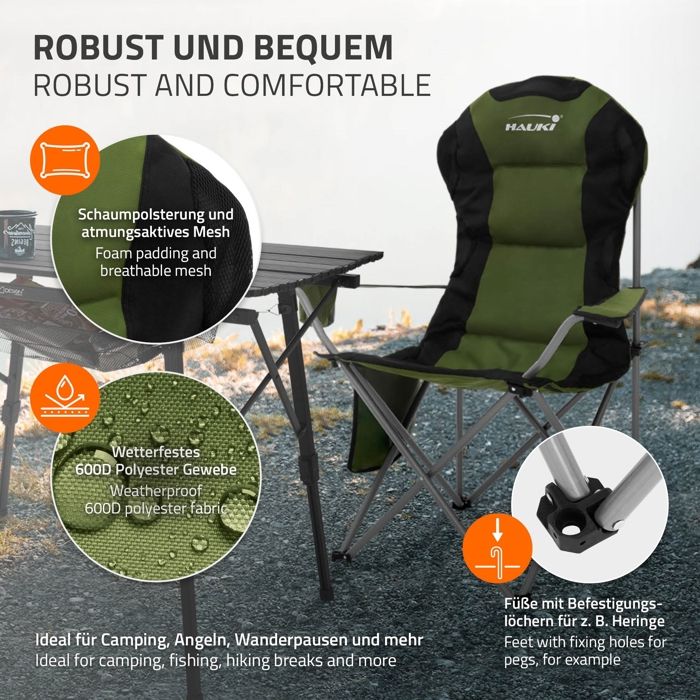 Chaise de Camping Pliable Hauki, Kaki, Extra Large, Chaise Longue