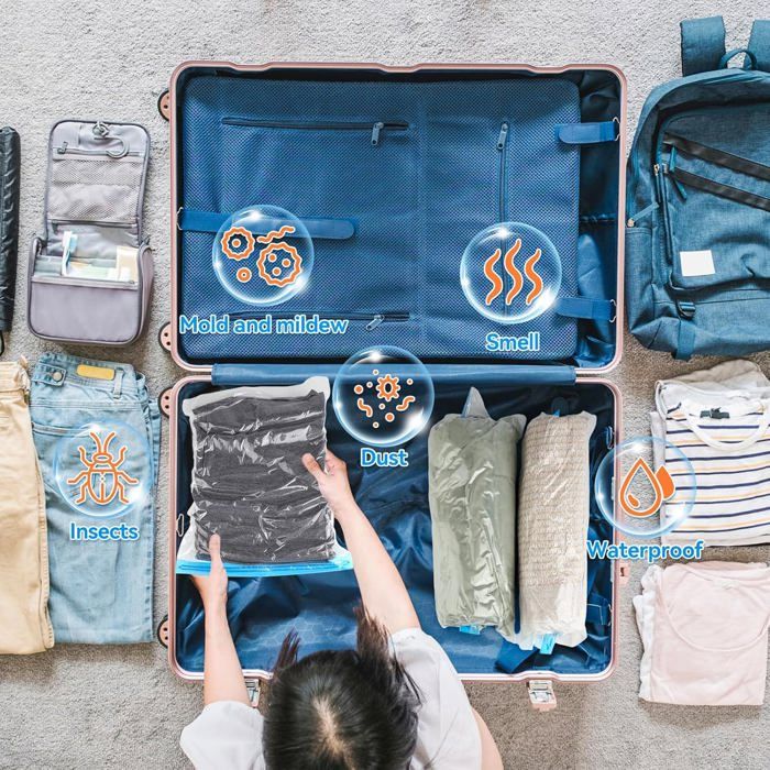 Lot de 12 sacs sous vide pour vêtements de voyage, petits sacs de voyage,  35 x 50 cm, sacs de compression s, sans aspirateur