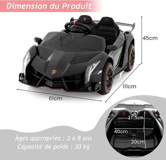 GOPLUS Voiture électrique enfants Lamborghini 2,4G Télécommande, portes papillon LED, musique, USB, 3-5 km/h, charge 25kg (Noir GOPLUS Voiture électrique enfants Lamborghini 2,4G Télécommande, portes papillon LED, musique, USB, 3-5 km/h, charge 25kg (Noir