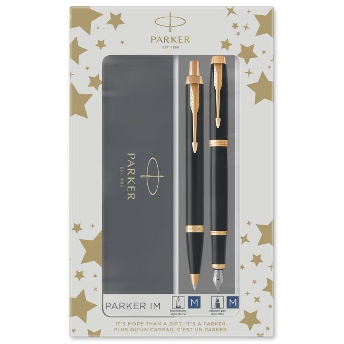 Stylo Parker IM Noir Mat - Plume Moyenne Encre Bleue - Coffret Cadeau Élégant Stylo Plume Parker