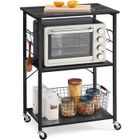 Desserte de cuisine - VASAGLE - Chariot à 3 Niveaux - Roulettes - Cadre Métallique - 6 Crochets - Noir Boisé