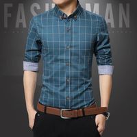 Fashion Homme carreaux Chemise Manches Longues Coton Blouse affaires Chemises Casual Slim Shirt Bleu