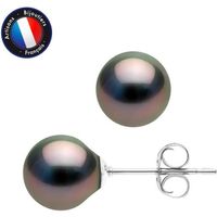 PERLINEA - Boucles d'Oreilles - Véritables Perles de Culture de Tahiti - 8-9 mm - Or Blanc - Bijoux Femme