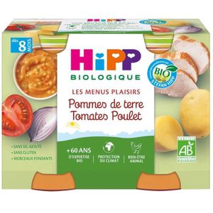 LÉGUMES CUISINÉS Hipp Bio Les Menus Plaisirs Pot Pommes de Terre Tomates Poulet +8m 2 x 190g