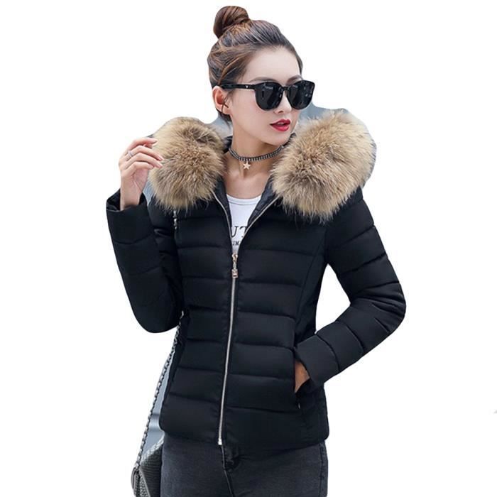 Blouson noir court femme avec fourrure capuche Cdiscount