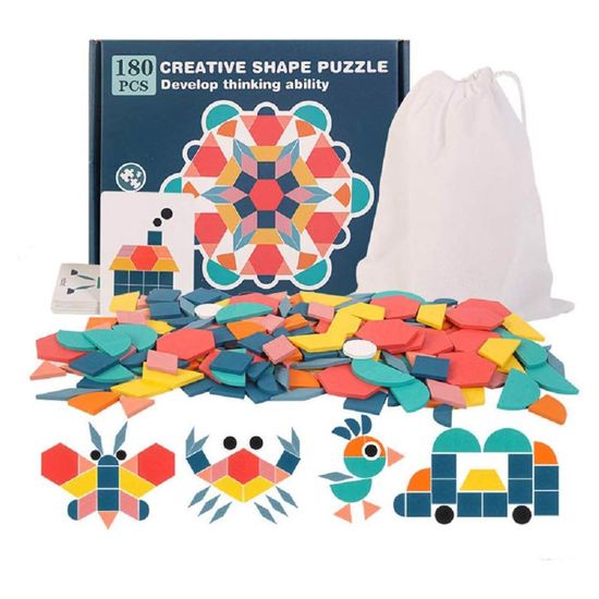 Lot de 155 blocs de motifs en bois, puzzle de forme géométrique manipulée, blocs de puzzle en bois colorés avec 12 cartes double face, jouets Lot de 155 blocs de motifs en bois, puzzle de forme géométrique manipulée, blocs de puzzle en bois colorés avec 12 cartes double face, jouets