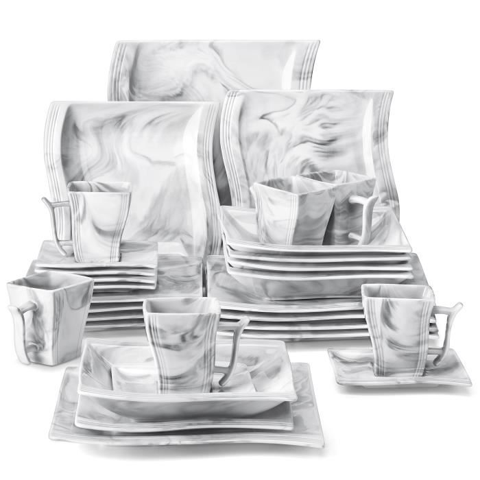 MALACASA, Série Flora, 30pcs Service de Table Porcelaine Marbre, Service complet pour 6 personnes, Assiettes Plates, Tasse