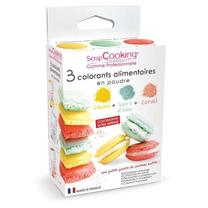 Pour colorer vos pâtisseries et vos plats, ce kit de 3 colorants artificiels alimentaires de 5g, jaune, vert d'eau et corail, sera