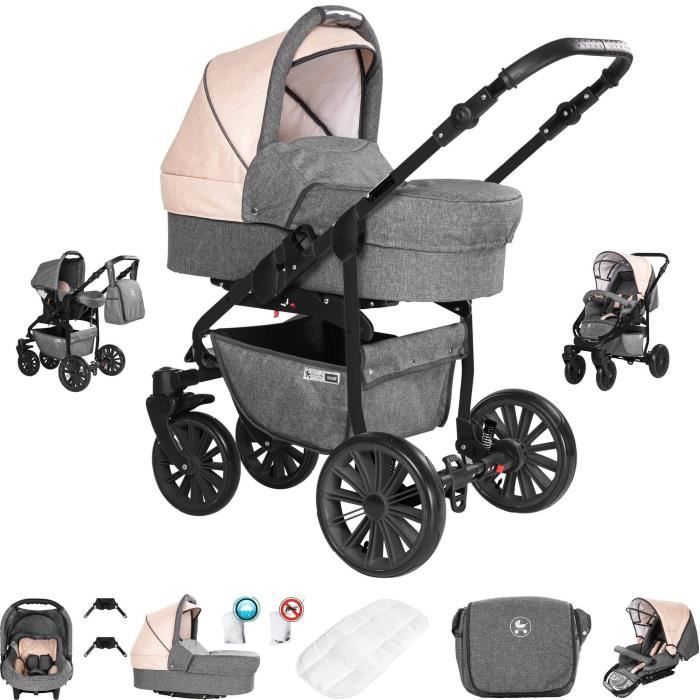 Friedrich Hugo Berlin - 3 en 1 poussette combiné pack de voyage - roue en airr - Couleur: Grey and Beige Night
