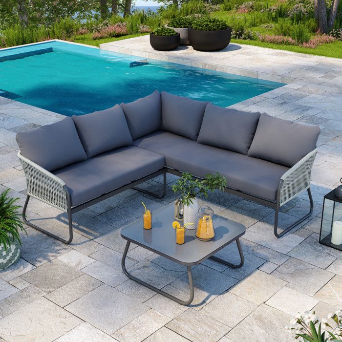 Salon de jardin design avec cordes aluminium - Gris - intérieur/extérieur - Utah